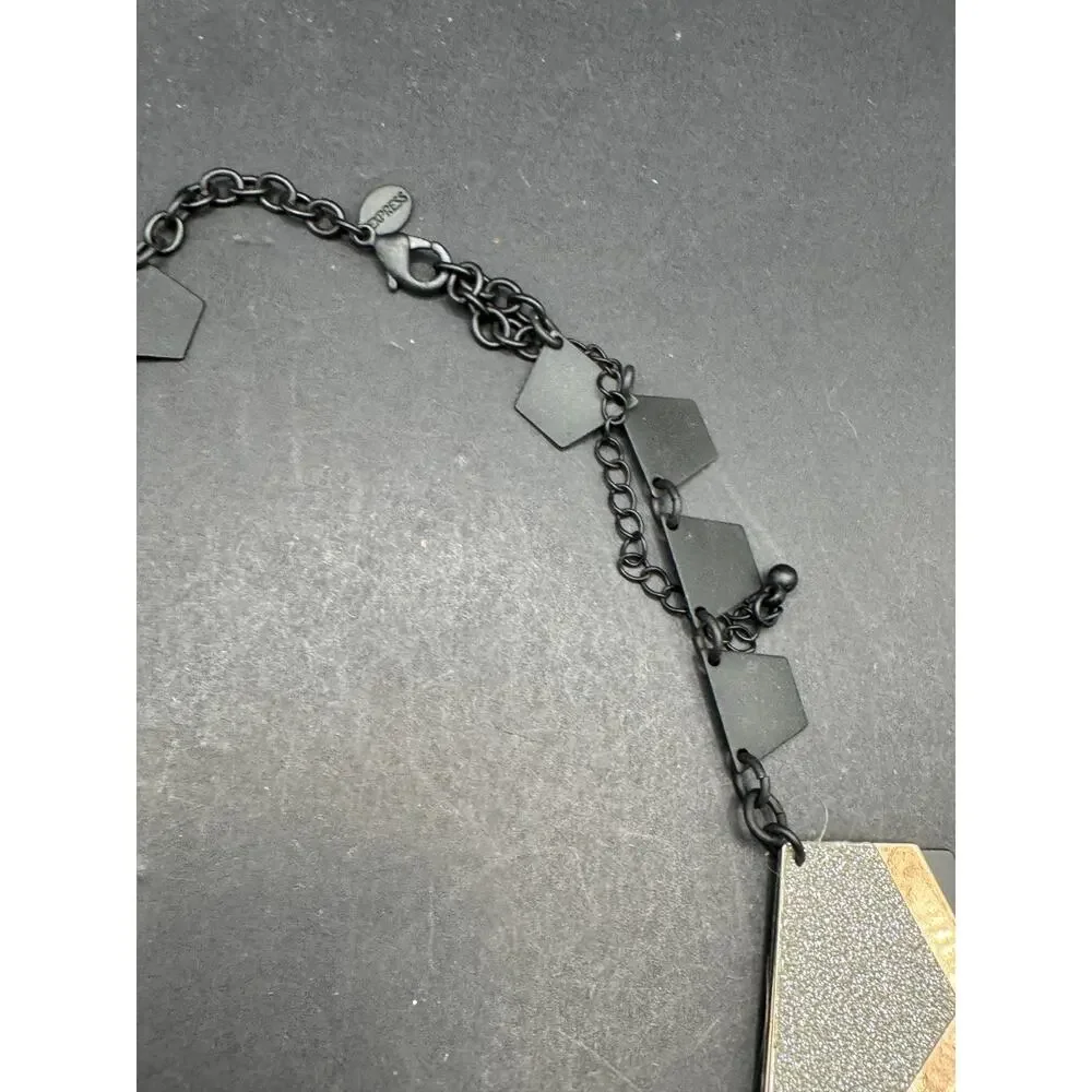 Express Signed Silver Glitter Black and Gold Geometric Statement Necklace